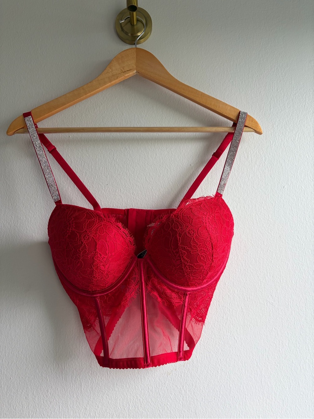 Victoria's Secret Red Lace Longline Bustier with Rhinestone Straps